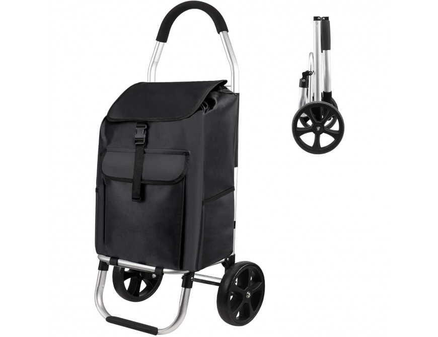 Einkaufstrolley mit Rädern, Faltbar einkaufswagen mit 45 L Kapazität - Abnehmbare Einkaufstasche - Schwarz