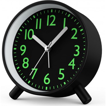 Analoger Wecker, Runde Retro-Metall-Nachttischuhr – Batteriebetrieben mit Nachtlicht und Schlummerfunktion, für Büro, Schlafzimmer, Reise, Geschenk für Kinder & Erwachsene (Schwarz​)​