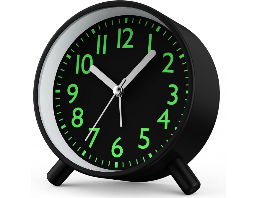 Analoger Wecker, Runde Retro-Metall-Nachttischuhr – Batteriebetrieben mit Nachtlicht und Schlummerfunktion, für Büro, Schlafzimmer, Reise, Geschenk für Kinder & Erwachsene (Schwarz​)​