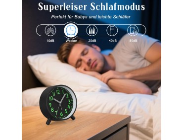 Analoger Wecker, Runde Retro-Metall-Nachttischuhr – Batteriebetrieben mit Nachtlicht und Schlummerfunktion, für Büro, Schlafzimmer, Reise, Geschenk für Kinder & Erwachsene (Schwarz​)​