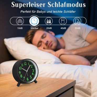 Analoger Wecker, Runde Retro-Metall-Nachttischuhr – Batteriebetrieben mit Nachtlicht und Schlummerfunktion, für Büro, Schlafzimmer, Reise, Geschenk für Kinder & Erwachsene (Schwarz​)​